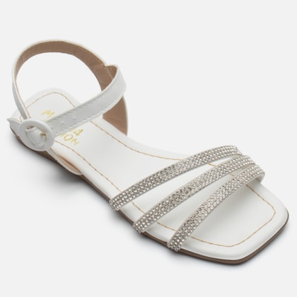 Segunda imagem do produto Rasteirinha Sandália Feminina Infantil Strass Brilhante Fivela Branco