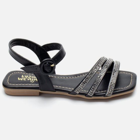 Rasteirinha Sandália Feminina Infantil Strass Brilhante Fivela Preto