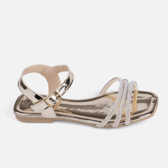 Rasteirinha Sandália Feminina Infantil Verniz Tiras De Strass Dourada