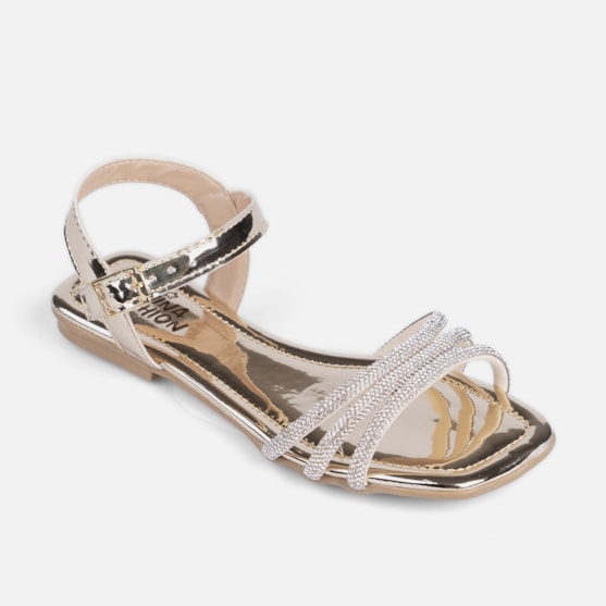 Segunda imagem do produto Rasteirinha Sandália Feminina Infantil Verniz Tiras De Strass Dourada