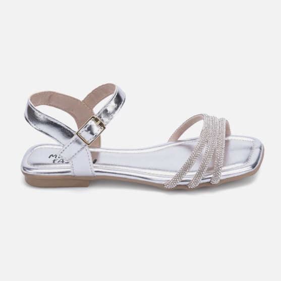 Rasteirinha Sandália Feminina Infantil Verniz Tiras De Strass Prata