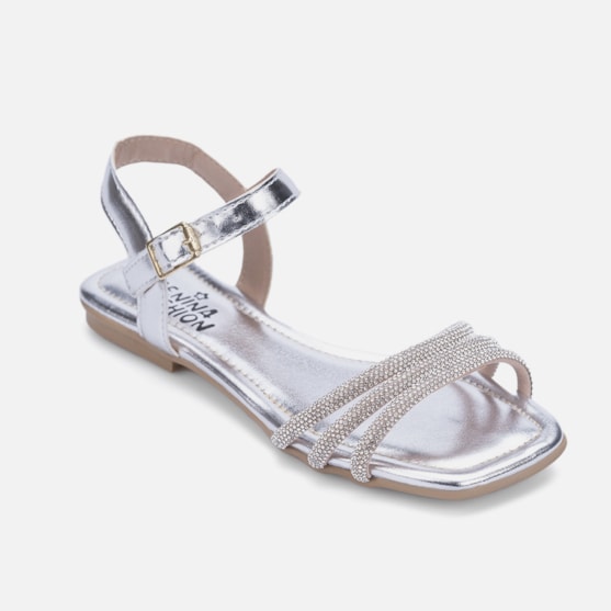 Segunda imagem do produto Rasteirinha Sandália Feminina Infantil Verniz Tiras De Strass Prata