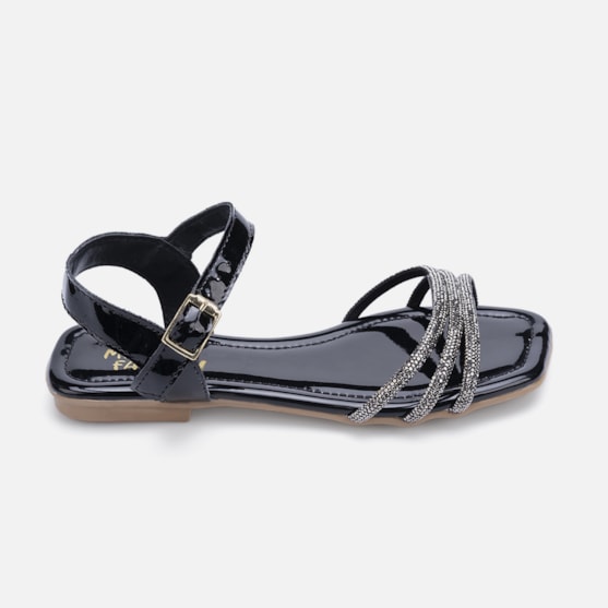 Rasteirinha Sandália Feminina Infantil Verniz Tiras De Strass Preta