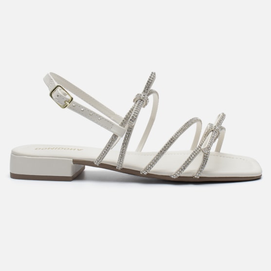 Rasteirinha Sandália Feminina Peep Toe Salto Laço Strass Off White