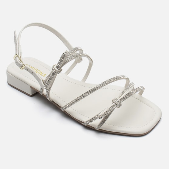 Segunda imagem do produto Rasteirinha Sandália Feminina Peep Toe Salto Laço Strass Off White