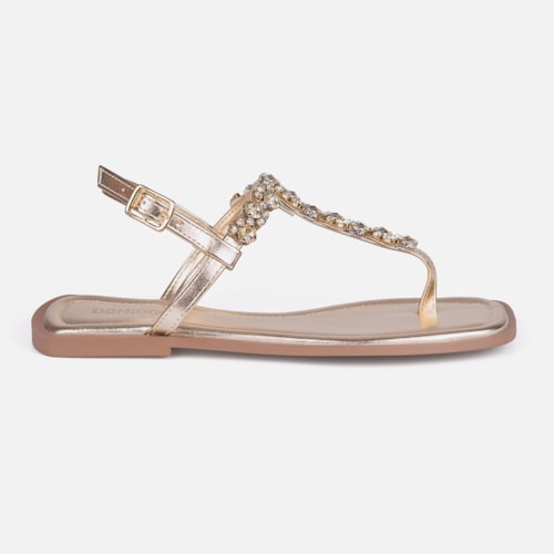 Rasteirinha Slingback Dourada Flat Pedrarias Brilho Bico Quadrado