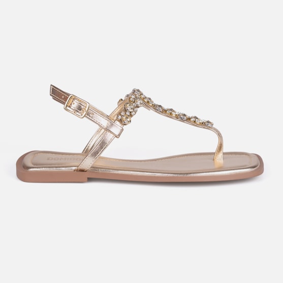 Rasteirinha Slingback Dourada Flat Pedrarias Brilho Bico Quadrado