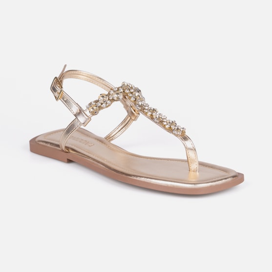 Segunda imagem do produto Rasteirinha Slingback Dourada Flat Pedrarias Brilho Bico Quadrado