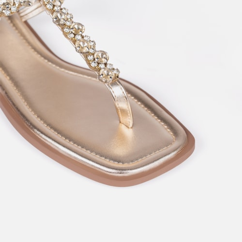 Rasteirinha Slingback Dourada Flat Pedrarias Brilho Bico Quadrado