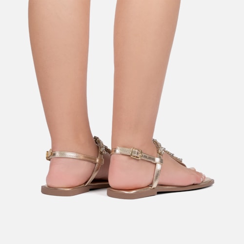 Rasteirinha Slingback Dourada Flat Pedrarias Brilho Bico Quadrado