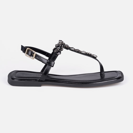 Rasteirinha Slingback Flat Preta Pedrarias Brilho Bico Quadrado