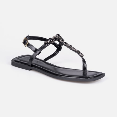 Rasteirinha Slingback Flat Preta Pedrarias Brilho Bico Quadrado