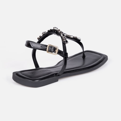 Rasteirinha Slingback Flat Preta Pedrarias Brilho Bico Quadrado