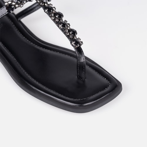 Rasteirinha Slingback Flat Preta Pedrarias Brilho Bico Quadrado