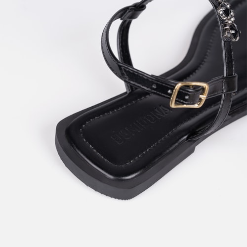 Rasteirinha Slingback Flat Preta Pedrarias Brilho Bico Quadrado