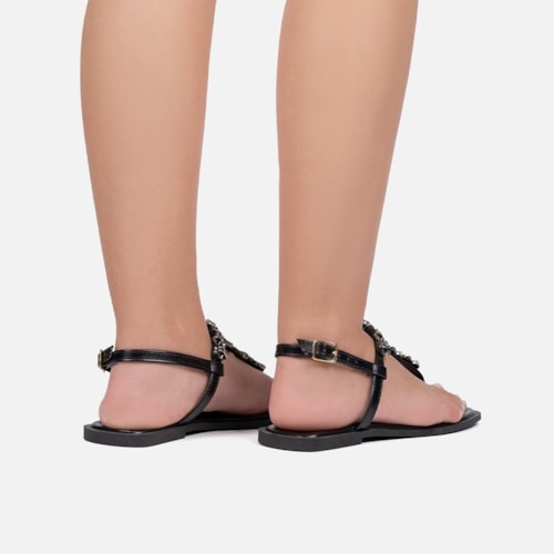 Rasteirinha Slingback Flat Preta Pedrarias Brilho Bico Quadrado