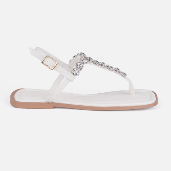 Rasteirinha Slingback Off White Flat Pedrarias Brilho Bico Quadrado