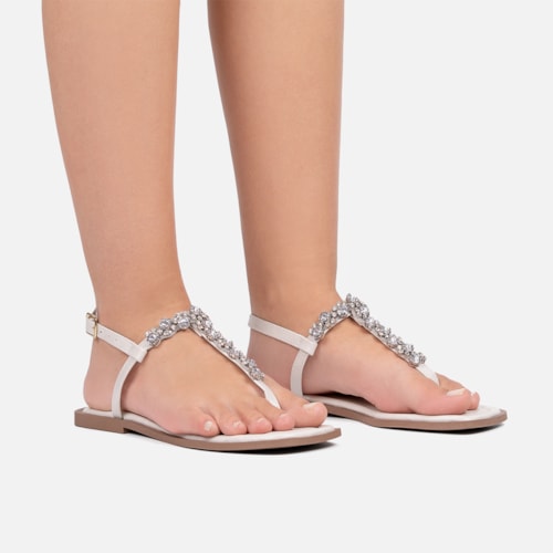 Rasteirinha Slingback Off White Flat Pedrarias Brilho Bico Quadrado