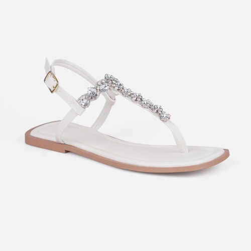 Rasteirinha Slingback Off White Flat Pedrarias Brilho Bico Quadrado