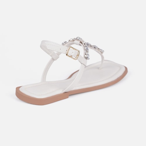 Rasteirinha Slingback Off White Flat Pedrarias Brilho Bico Quadrado