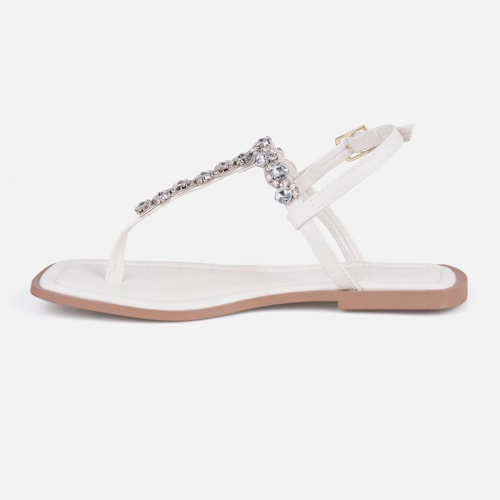 Rasteirinha Slingback Off White Flat Pedrarias Brilho Bico Quadrado