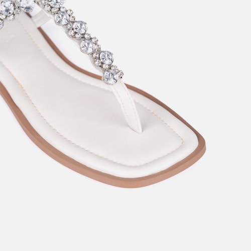 Rasteirinha Slingback Off White Flat Pedrarias Brilho Bico Quadrado