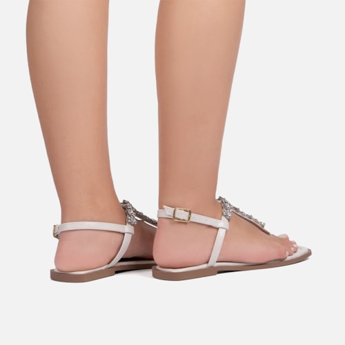 Rasteirinha Slingback Off White Flat Pedrarias Brilho Bico Quadrado