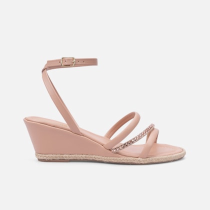 Sandália Anabela Com Detalhe Em Palha E Tira De Strass Nude