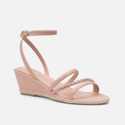 Segunda imagem do produto Sandália Anabela Com Detalhe Em Palha E Tira De Strass Nude