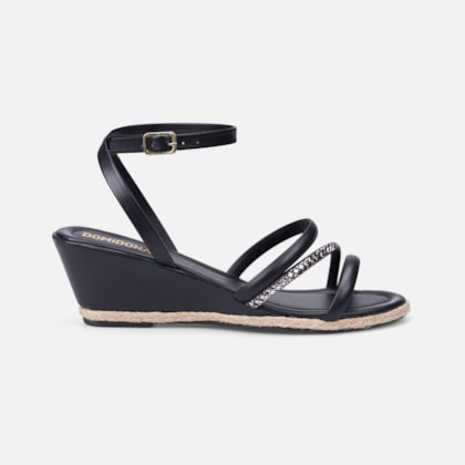 Sandália Anabela Com Detalhe Em Palha E Tira De Strass Preta