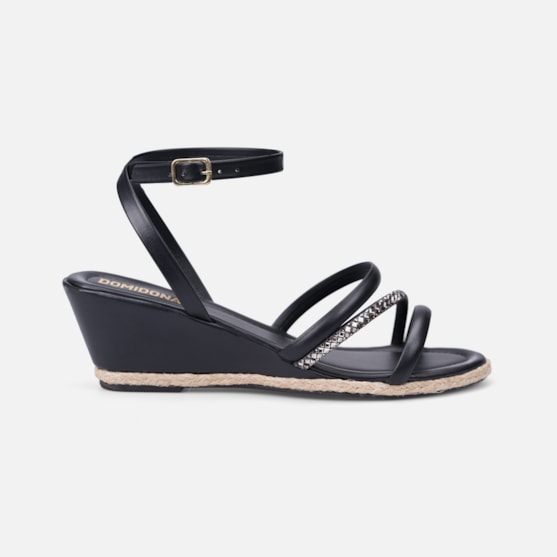 Sandália Anabela Com Detalhe Em Palha E Tira De Strass Preta