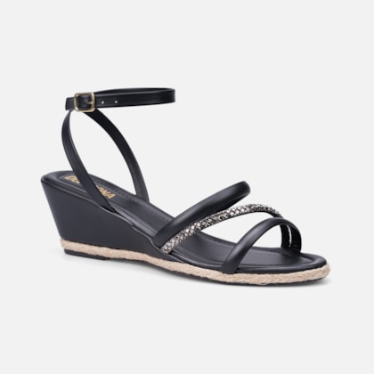 Segunda imagem do produto Sandália Anabela Com Detalhe Em Palha E Tira De Strass Preta