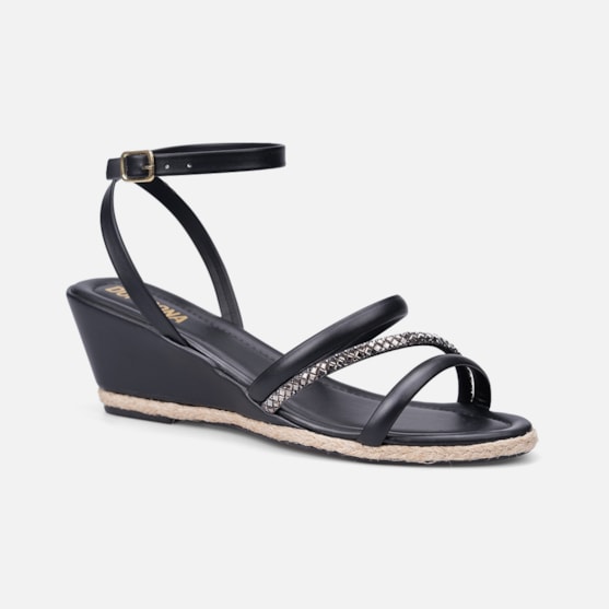 Segunda imagem do produto Sandália Anabela Com Detalhe Em Palha E Tira De Strass Preta