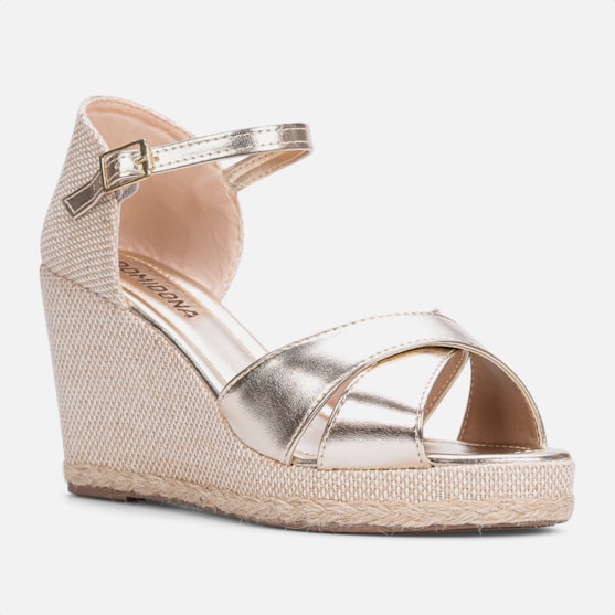 Segunda imagem do produto Sandália Anabela Dourado Tiras Cruzadas Traseira Fechada