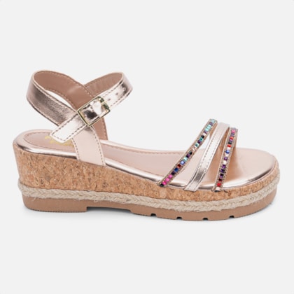 Sandália Anabela Infantil Bronze Tiras Triplas De Strass