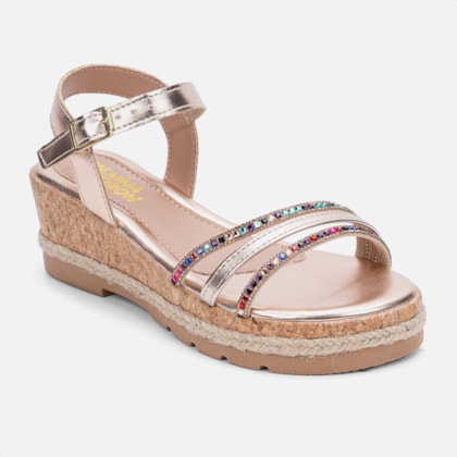 Segunda imagem do produto Sandália Anabela Infantil Bronze Tiras Triplas De Strass