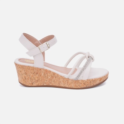 Sandália Anabela Infantil Off White Tiras Em Nó Com Strass