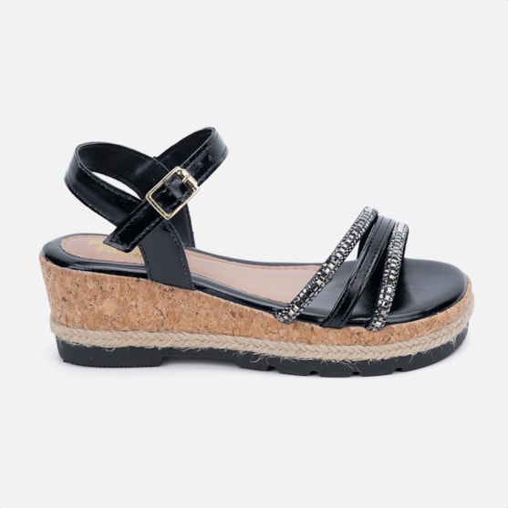 Sandália Anabela Infantil Preta Tiras Triplas De Strass