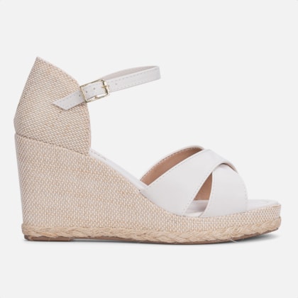 Sandália Anabela Off White Tiras Cruzadas Traseira Fechada