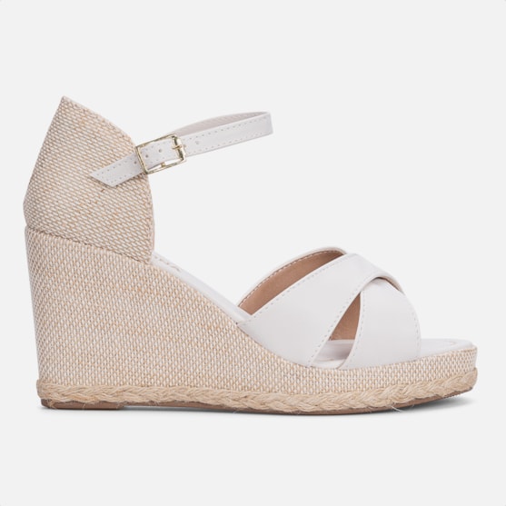 Sandália Anabela Off White Tiras Cruzadas Traseira Fechada