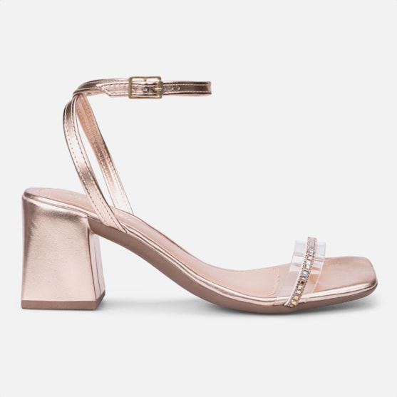 Sandália Bronze Tira Transparente De Strass Salto Bloco