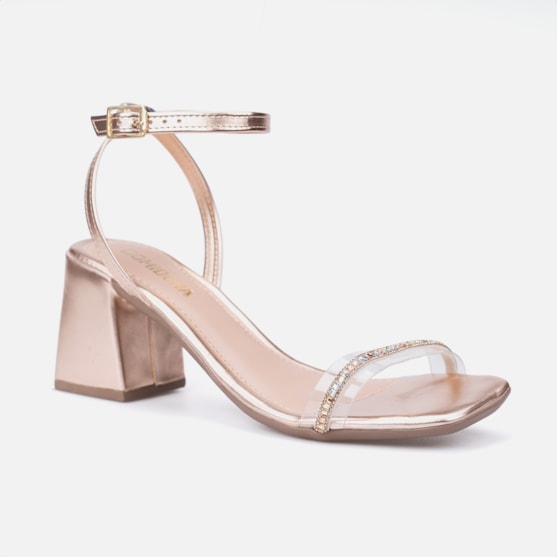 Segunda imagem do produto Sandália Bronze Tira Transparente De Strass Salto Bloco