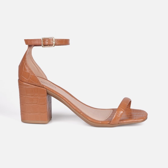 Sandália Caramelo Feminina Animal Print Salto Bloco Tira Única Com Fivela