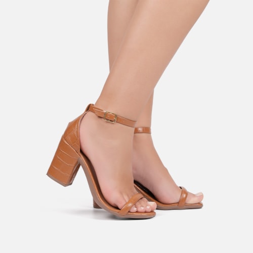 Sandália Caramelo Feminina Animal Print Salto Bloco Tira Única Com Fivela