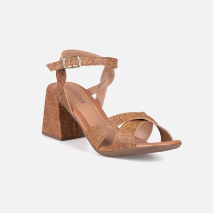 Segunda imagem do produto Sandália Caramelo Salto Bloco Tiras Cruzadas Com Fivela Bico Quadrado