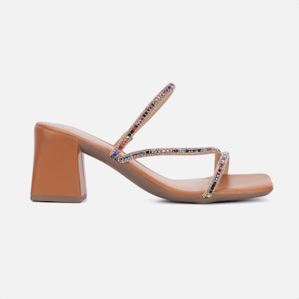 Sandália Caramelo Salto Grosso Tiras Triplas De Strass