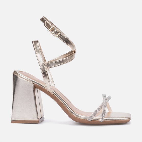 Sandália De Amarração Dourada Salto Bloco Tiras De Strass