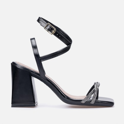 Sandália De Amarração Preta Salto Bloco Tiras De Strass