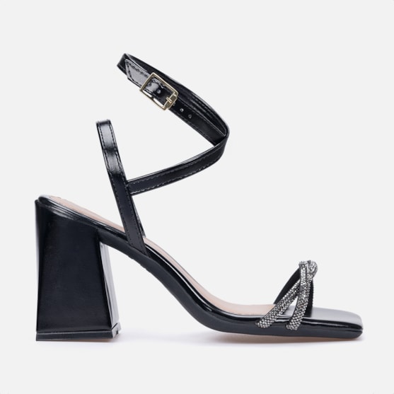 Sandália De Amarração Preta Salto Bloco Tiras De Strass