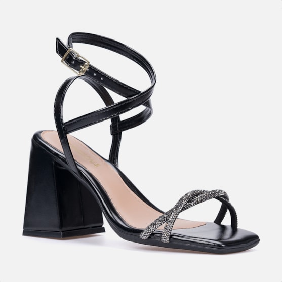 Segunda imagem do produto Sandália De Amarração Preta Salto Bloco Tiras De Strass
